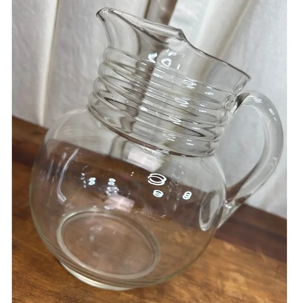 Vintage Heavy Clear Glass Ribbed Cottage Farmhouse Style Jug Pitcher With Handle